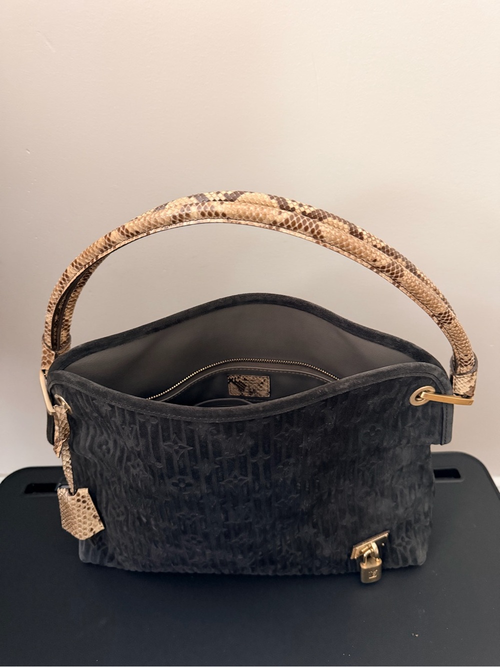 Louis Vuitton Black Suede Shoulder Bag with Tan Snakeskin Handle Authentic